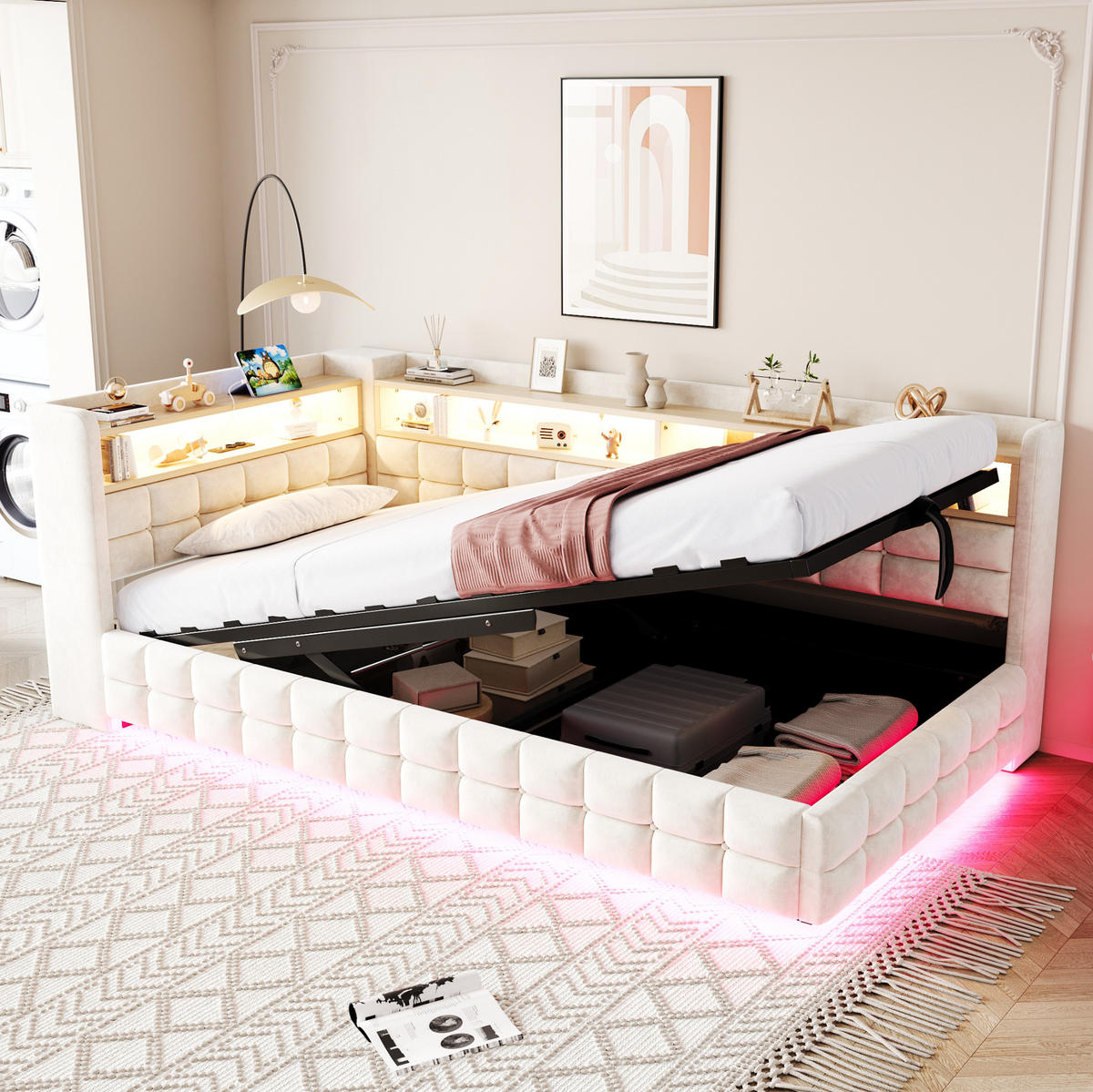 POLSTERBETT 90/200 cm mit LED-Beleuchtung, USB-, Typ-C-Anschluss, Steckdose, Bettkasten und Holzregalen, Samt Beige - Beige, Textil (90/200cm) - Redom