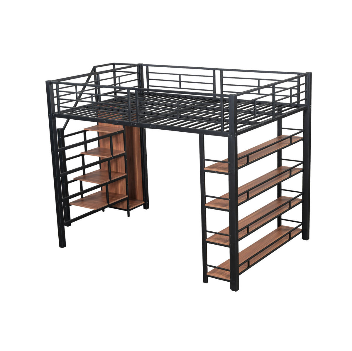 HOCHBETT 140/200 cm mit Stauraumtreppe, Regalen und Kleiderstange, Metall, Schwarz - Schwarz, Metall (140/200cm) - Redom