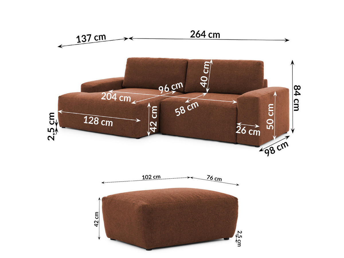 ECKSOFA inkl. Hocker Lennon aus Braun Strukturstoff mit Schlaffunktion und Bettkasten - Schwarz/Braun, Holz/Kunststoff (137/264cm) - S-Style