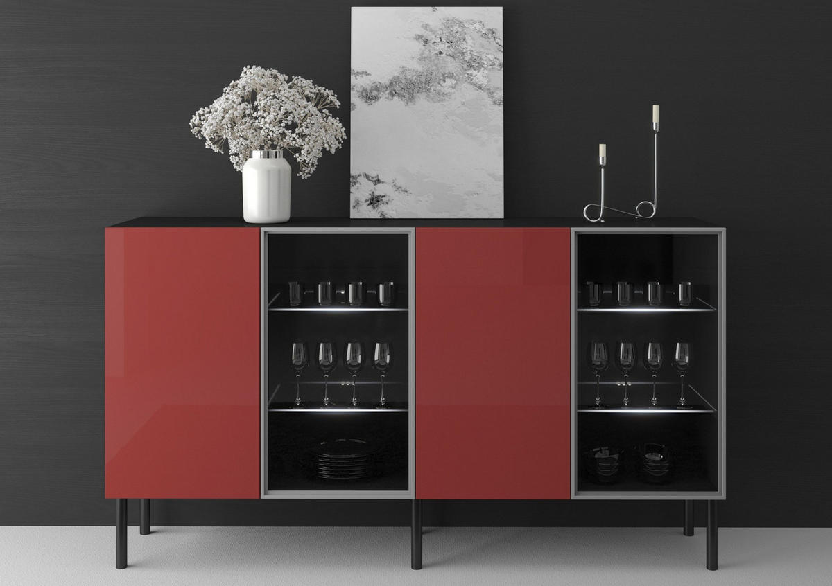 SIDEBOARD Lilka, Glastür, Beleuchtung, Schwarz-Rot, 138 cm - Schwarz, Holzwerkstoff/Metall (138.3/93/38cm) - Skandica