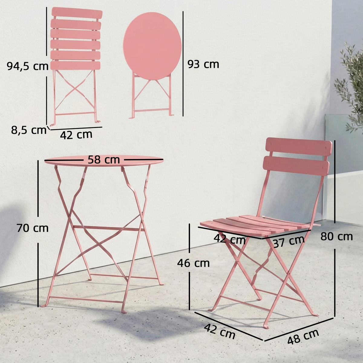 BALKONSET DE-14220 klappbar, Lattenrost Rose - Pink, Metall - ComfortXL