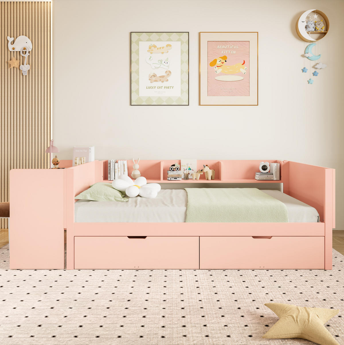 KINDERBETT 90/200 cm mit Schreibtisch, 3 Regalen, 2 Schubladen und Absturzsicherung aus Kiefer/Spanplatte, Rosa/Weiß - Rosa, Holzwerkstoff (90/200cm) - Redom