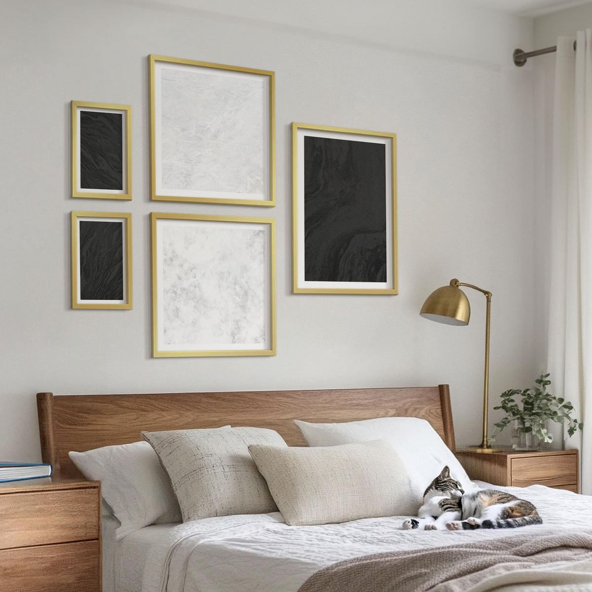 BILDER SET 5er Set - 50x50 cm & 20x30 cm & 40x60 cm Goldrahmen - Dunkles Licht, glamouröse Marmor - Goldfarben, Kunststoff (40/60cm) - TULUP