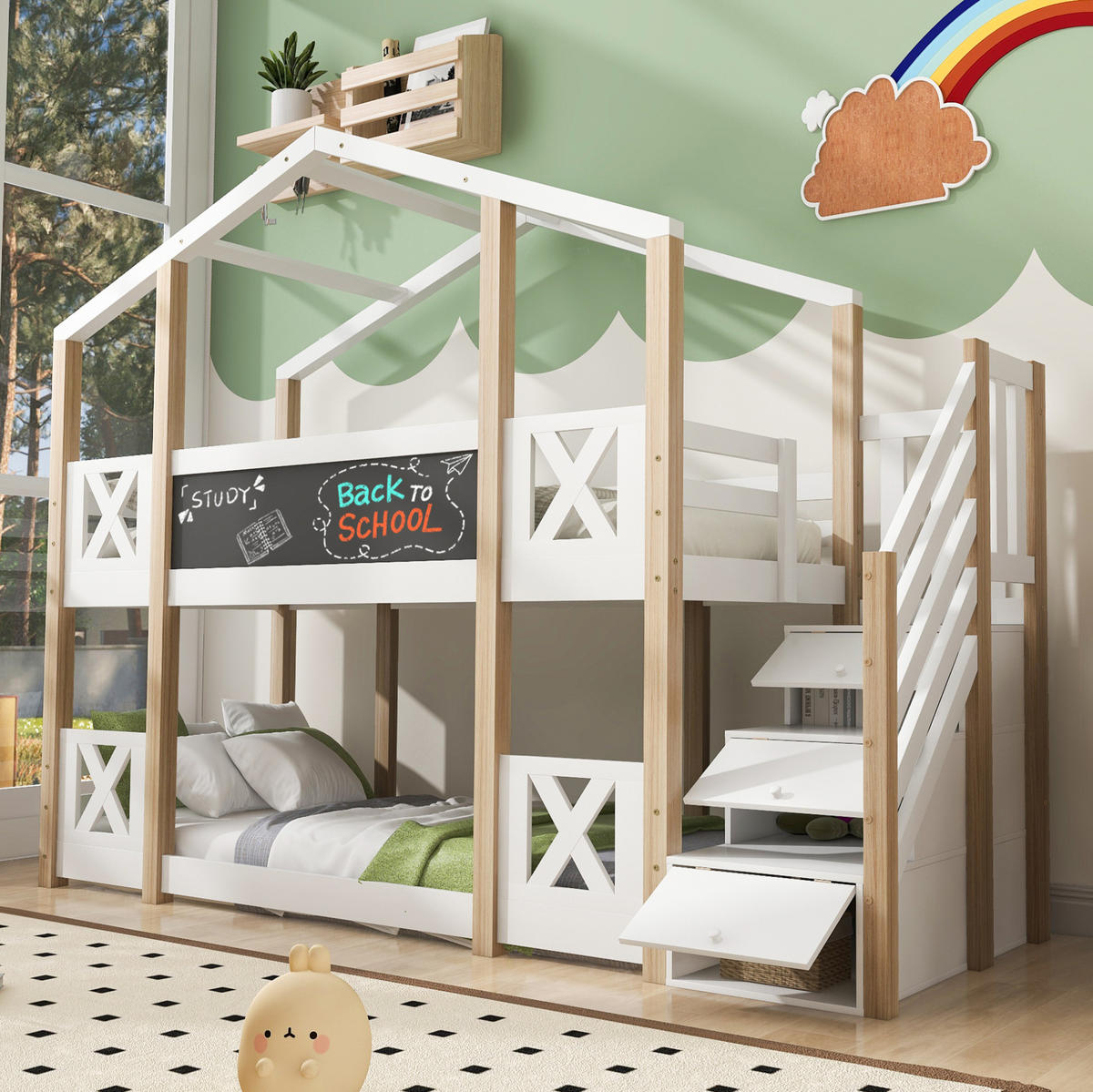 HAUSBETT 90/200 cm in Weiß/Natur mit Treppe, Stauraum und Tafel - Weiß, Holzwerkstoff (90/200cm) - Flora Grace