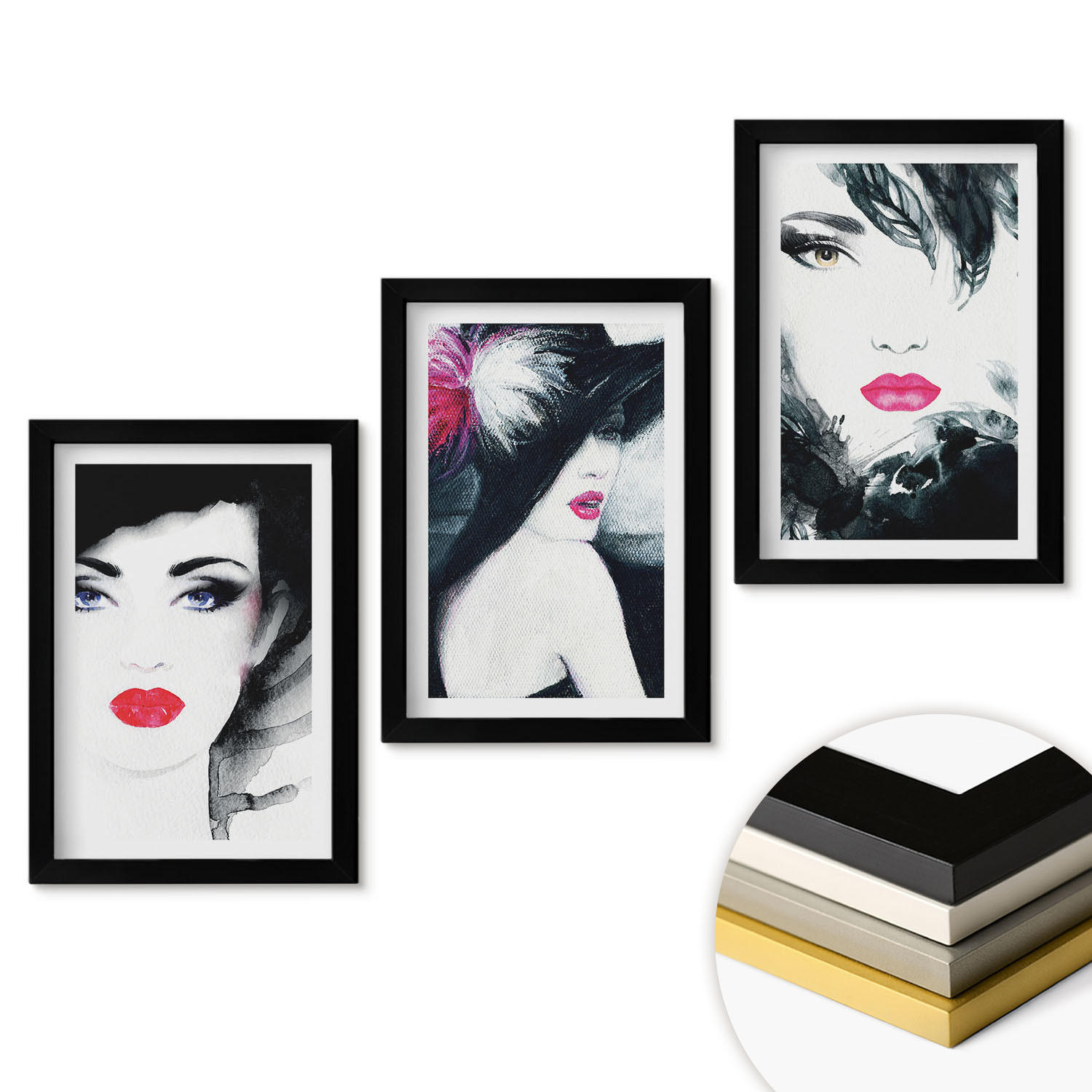 WANDBILDER 3er-Set - 20x30 cm Schwarzer Rahmen - Porträts von Frauen mit Lippen - Schwarz, Kunststoff (20/30cm) - ArtPrintCave