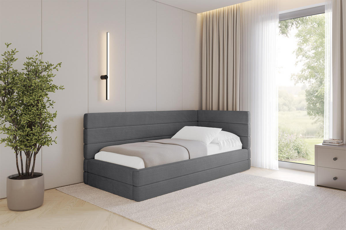 EINZELLBETT Jugendbett mit Bettkasten, Links - BEMY 90x200 Dunkelgrau - Graphitfarben, Holzwerkstoff/Textil (90/200cm) - ALTDECOR