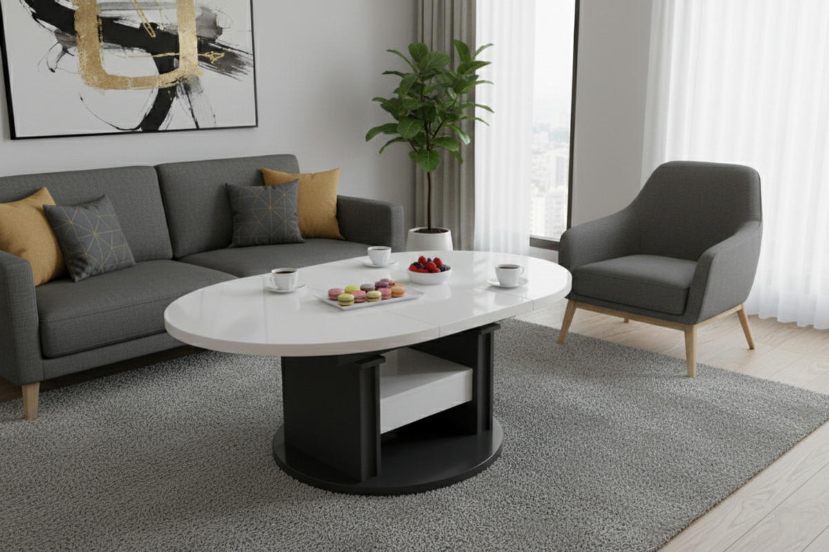 COUCHTISCH rund ausziehbar höhenverstellbar Schubalde 100/100/60 cm - Weiß Hochglanz/Schwarz, Holzwerkstoff (100/100/60cm) - designimpex