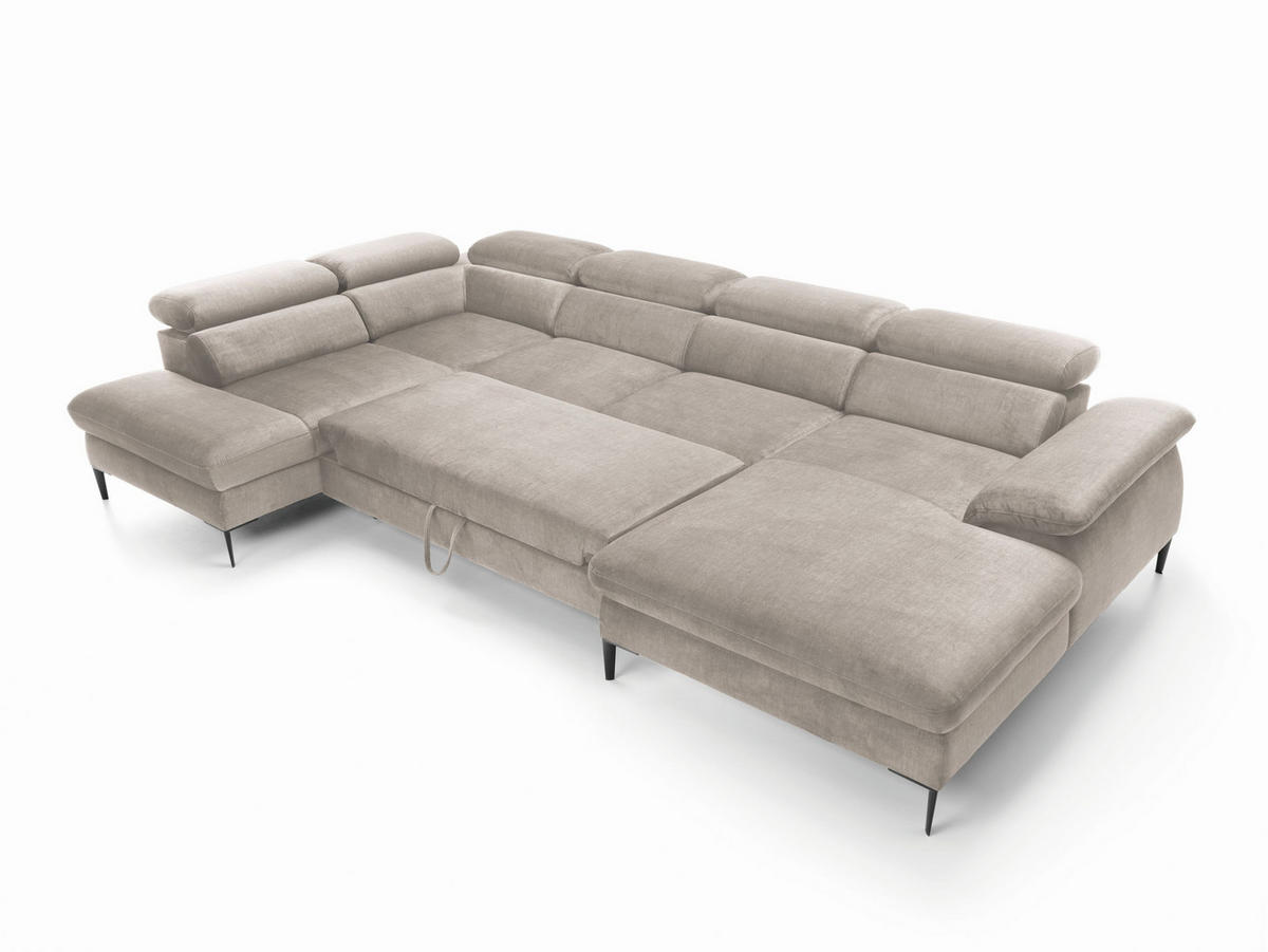 WOHNLANDSCHAFT MESTO Beige Velours-Stoff mit Schlaffunktion - Beige, Holz (353/94/182cm) - MASSENO