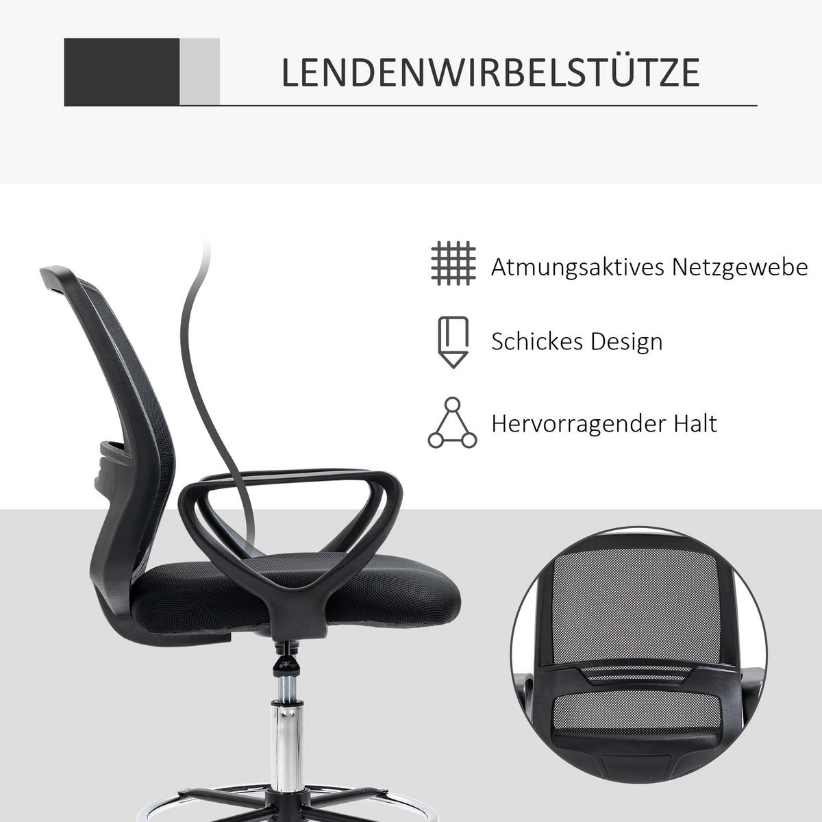 ARBEITSSTUHL, Metall, Schwarz - Schwarz, Textil (60/126/59.5cm) - Vinsetto