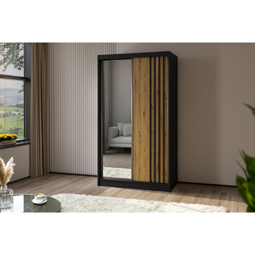 SCHWEBETÜRENSCHRANK Nela 120/216/61 schwarz mit Schubladen - Schwarz/Eiche Artisan, Holzwerkstoff (120/216/61cm) - Beautysofa