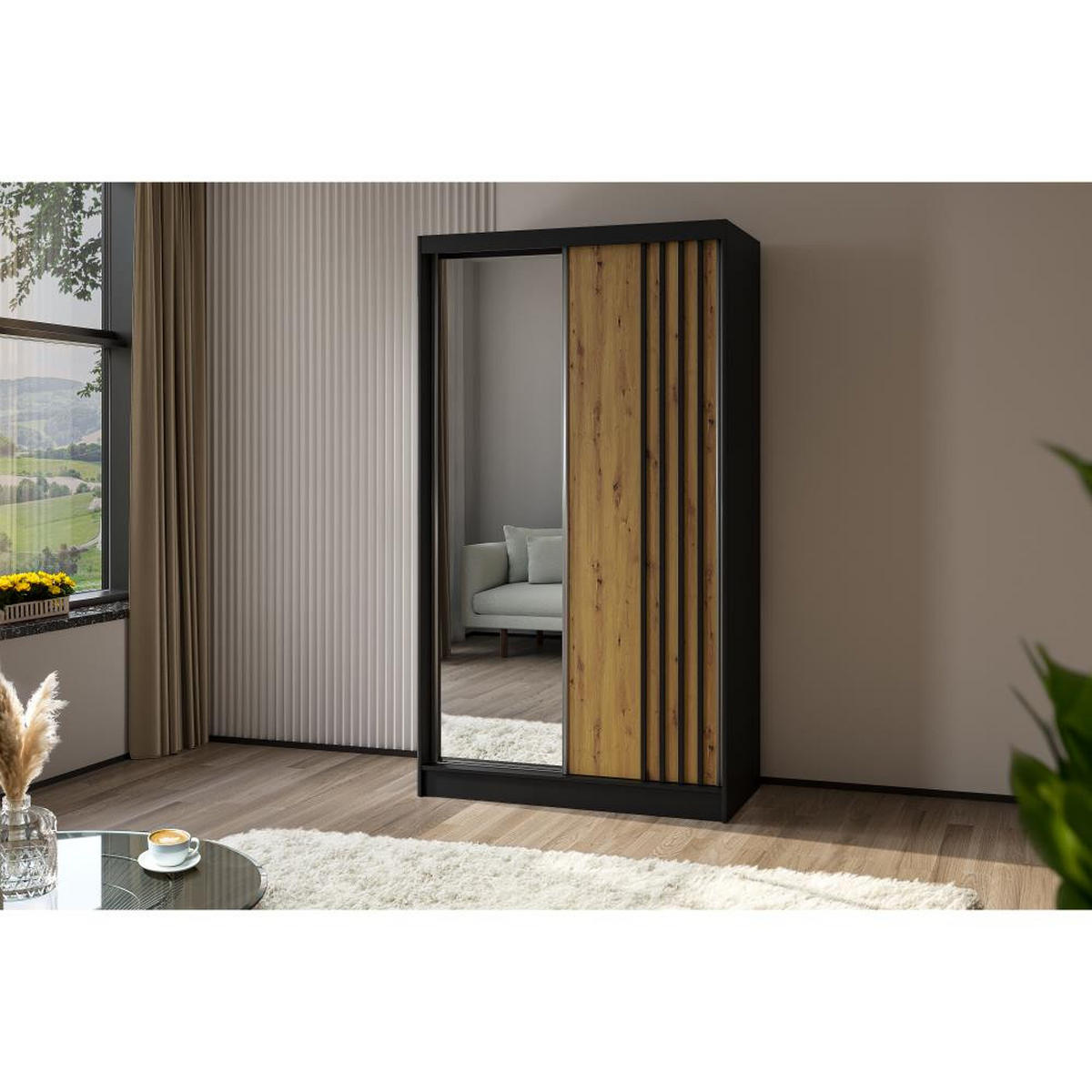 SCHWEBETÜRENSCHRANK Nela 120/216/61 schwarz mit Schubladen - Schwarz/Eiche Artisan, Holzwerkstoff (120/216/61cm) - Beautysofa