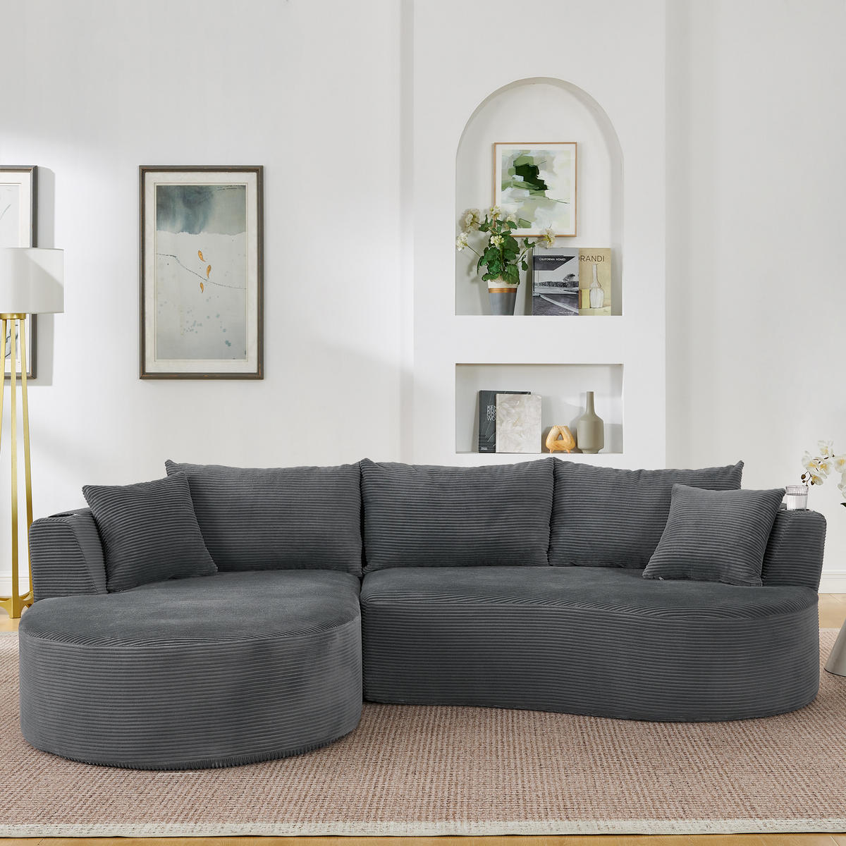 3-SITZER ECKSOFA Cord Grau mit Getränkehaltern und Kissen - Grau, Textil (264/168cm) - WISHDOR