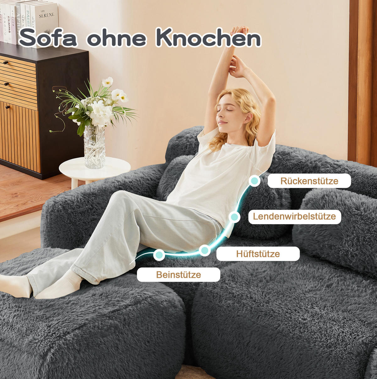 SOFA modular 3-Sitzer Plüsch Grey - Grau, Textil (291/73/104cm) - IVMEU