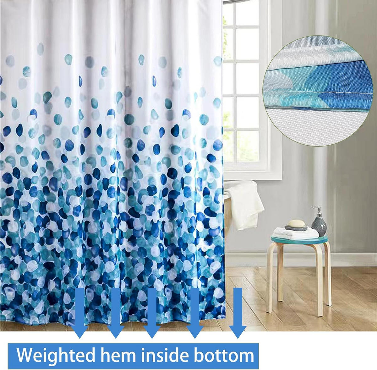 DUSCHVORHANG Blau schimmelresistent antibakteriell geruchlos mit Ringen und beschwertem Saum - Blau, Textil (180/200cm) - MCBOSON