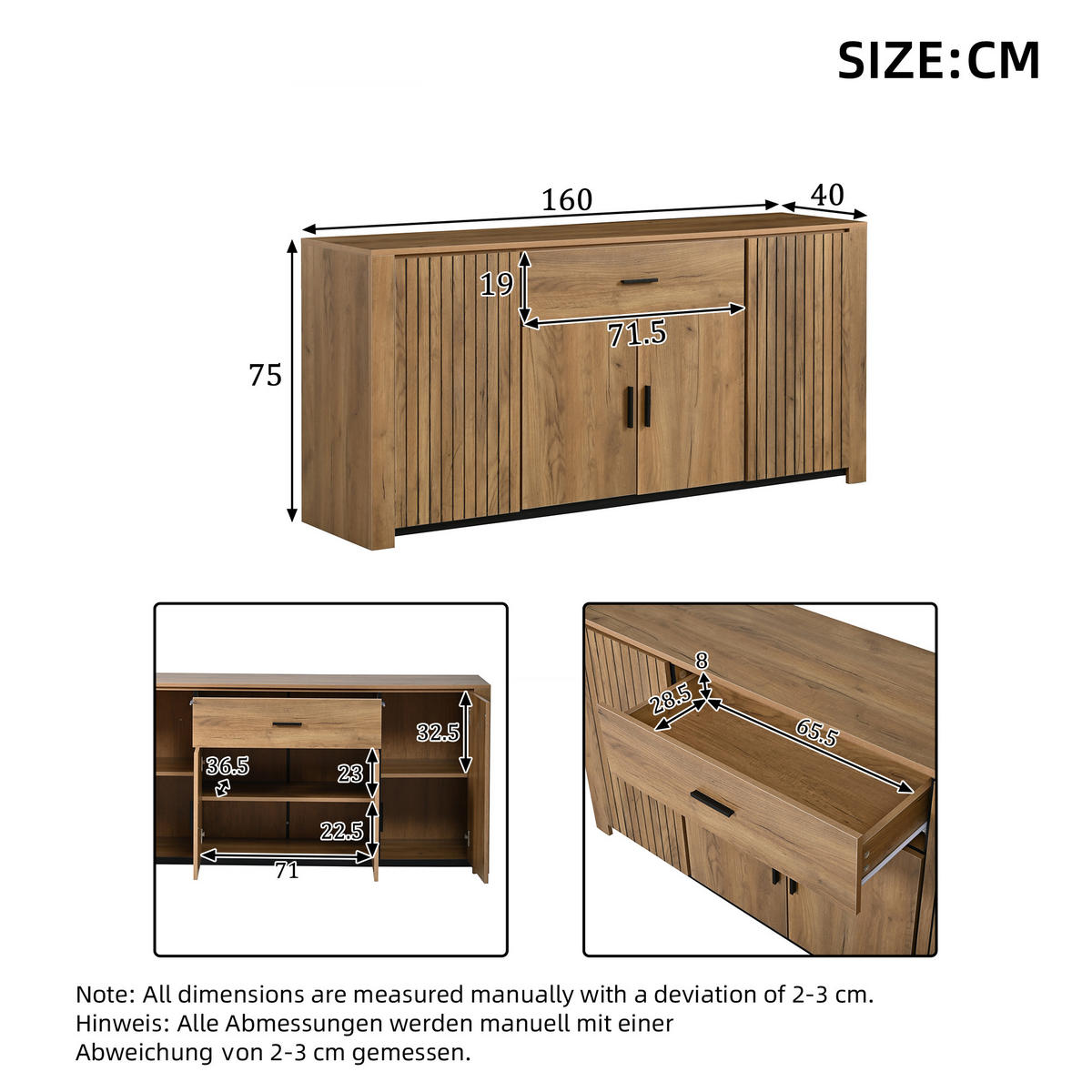SIDEBOARD Holz 4 Türen 1 Schublade 160x40x75cm Stauraum - Eichefarben, Holzwerkstoff (40/75/160cm) - FLIEKS