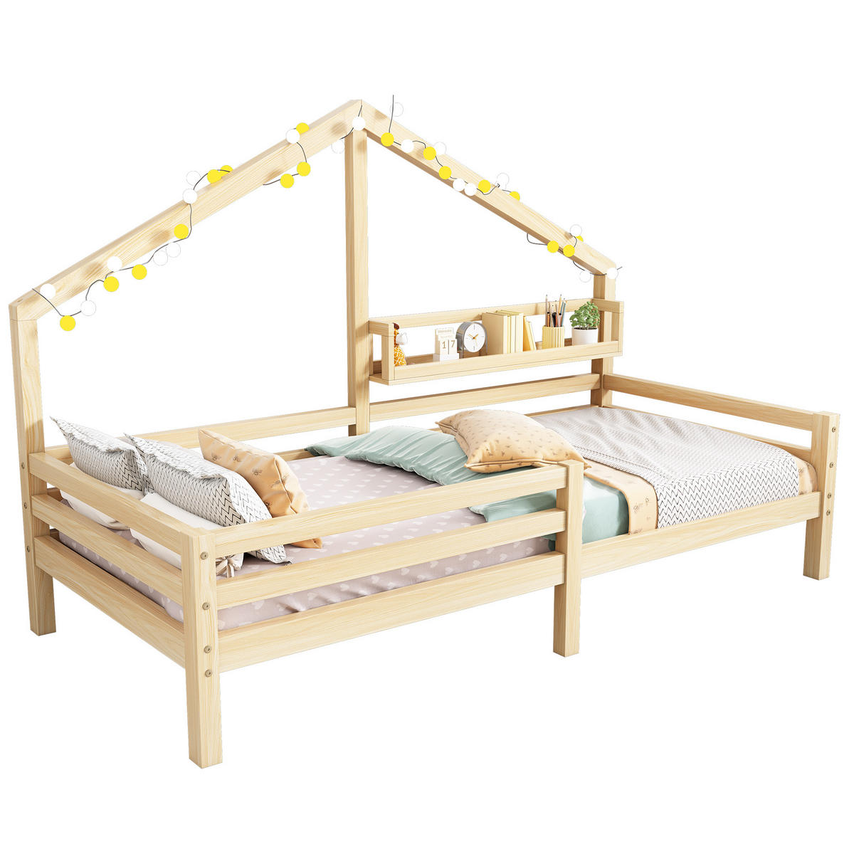 HAUSBETT 90x200 Kinderbett Ablageregal Kaminform Natur - Naturfarben, Holzwerkstoff (90/200cm) - FLIEKS