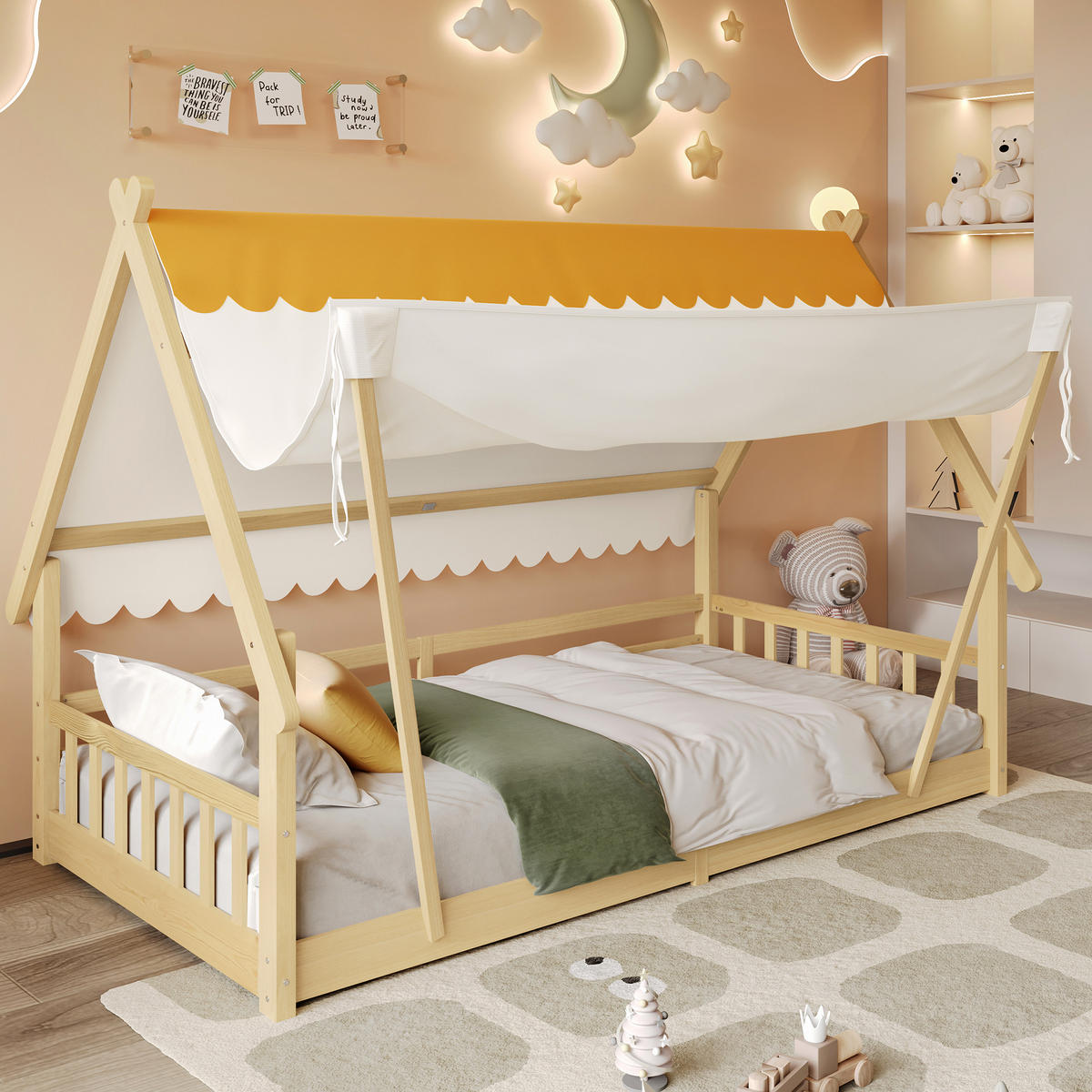 KINDERBETT 90/200 cm Exquisites Holzhausdesign mit abnehmbarem Zelt aus Fichte - Weiß, Holz (90/200cm) - OKWISH