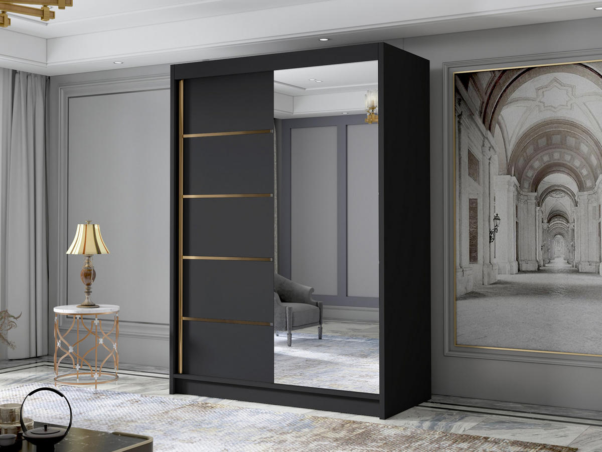 SCHIEBETÜRENSCHRANK Lungo III - Goldfarben/Schwarz, Holzwerkstoff/Metall (120/200/58cm) - MIRJAN24