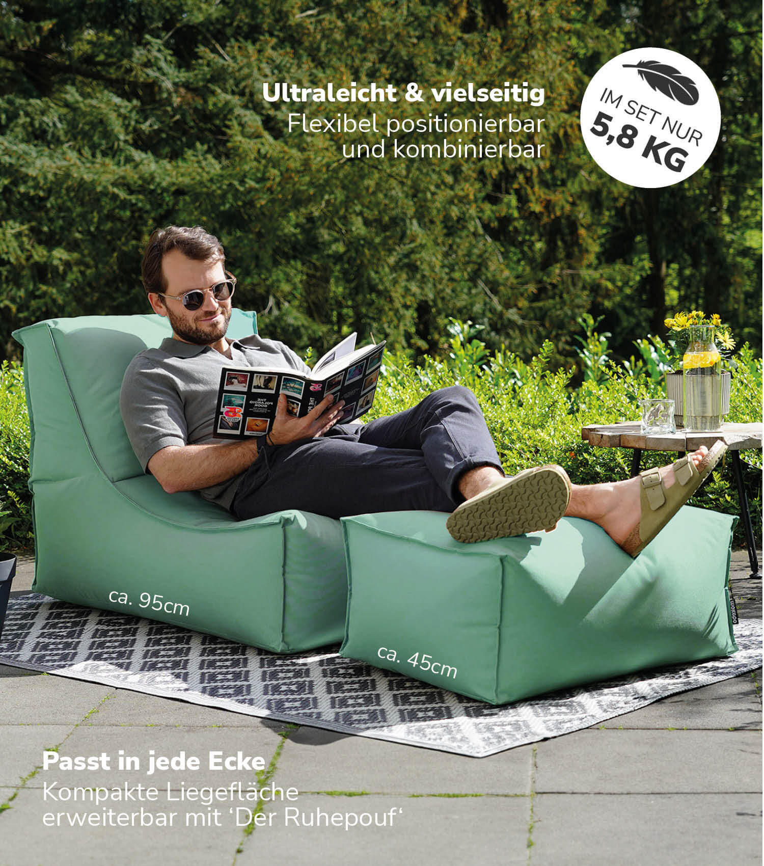 SITZSACK mit Hocker und Hülle Der Sundowner - Grün, Textil (60/65/140cm) - Mokebo