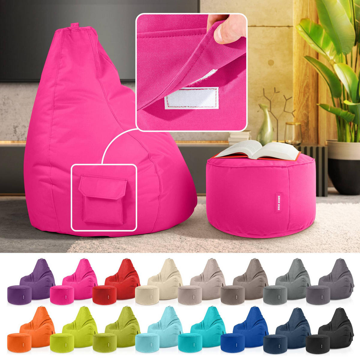SITZSACK + Hocker "Cozy+Stay" 2er Set - Pink, Textil (70/90/80cm) - Green Bean