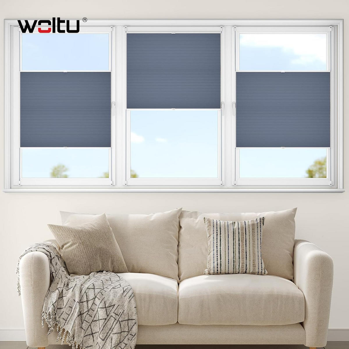 WABENPLISSEE ohne Bohren Verdunkelung 65 x 130 Blau-Weiß - Blau, Kunststoff (65/130/2cm) - Woltu