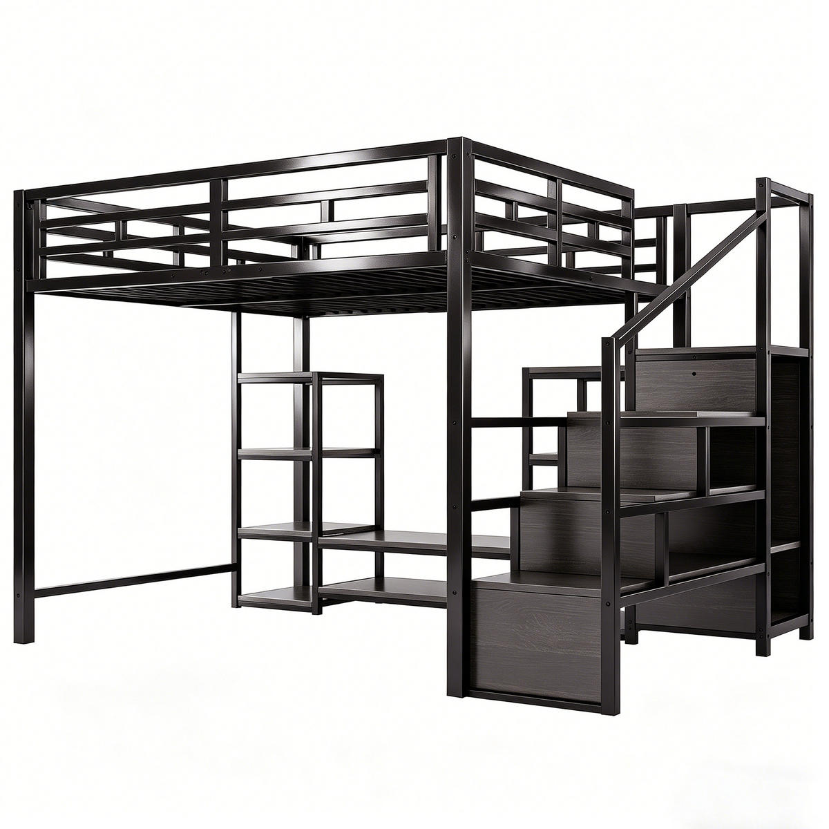 HOCHBETT 140/200 cm DE-01466, in Schwarz & Grau, mit TV-Ständer, Steckdose und Sicherheitsleiter - Schwarz/Grau, Metall (140/200cm) - ComfortXL