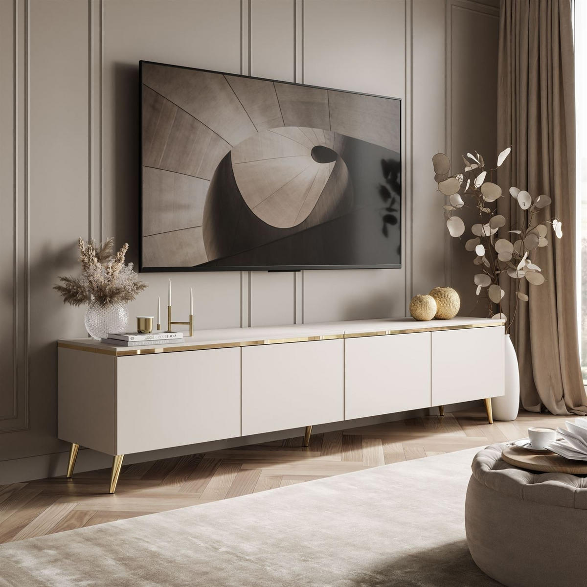 LOWBOARD TV-Schrank CELINE KASCHMIR 200 cm auf schrägen goldenen Chrom-Beinen - Kaschmir/Goldfarben, Holzwerkstoff/Metall (200/48/40cm) - Lookway