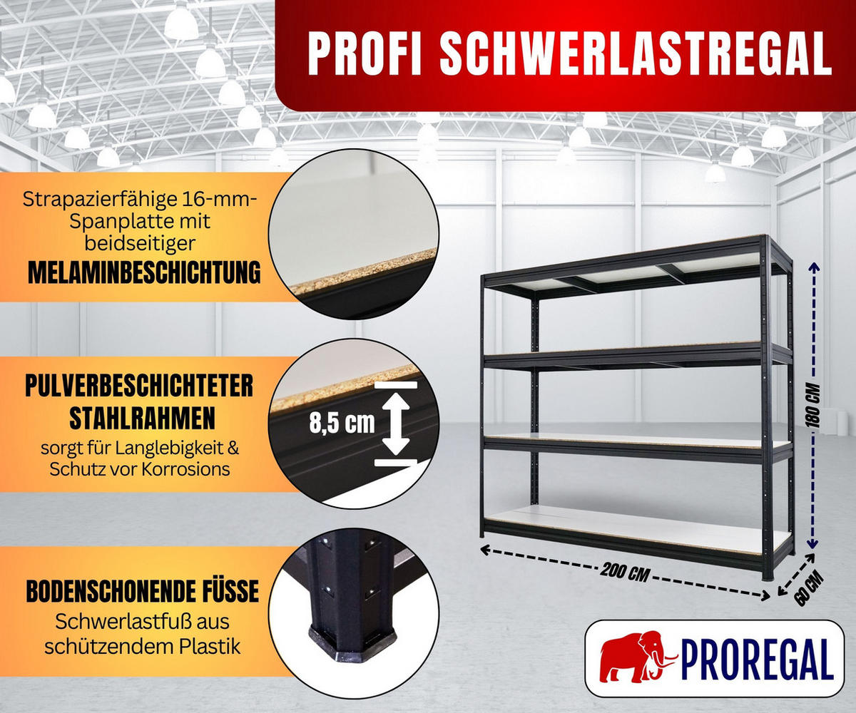 SCHWERLASTREGAL Dino 180x200x60cm Melamin-Ebenen Schwarz - Schwarz, Metall (200/180/60cm) - PROREGAL