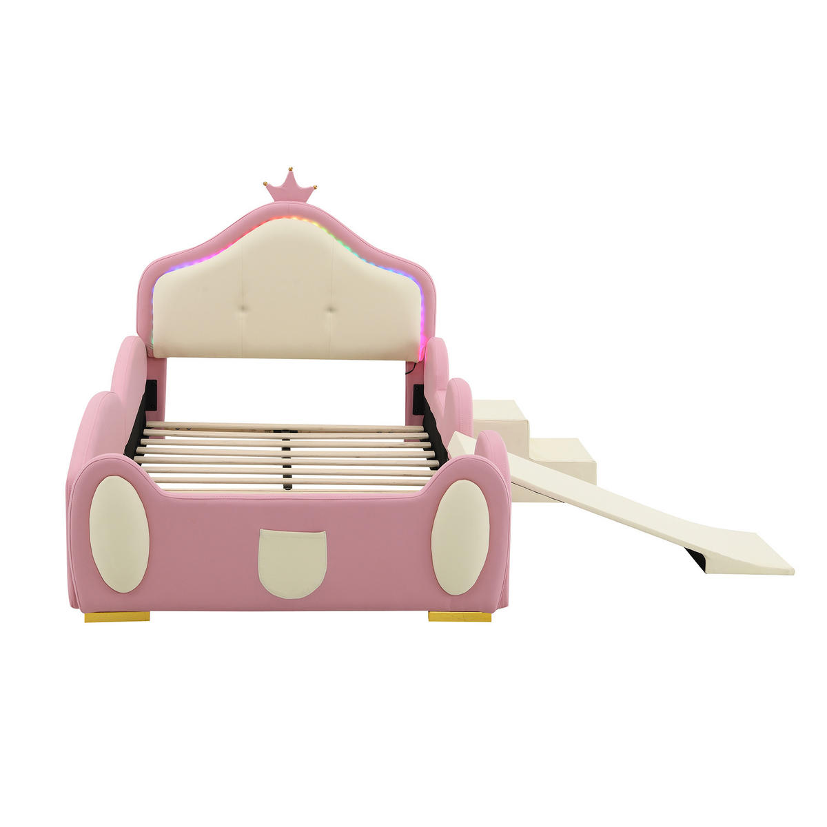 KINDERBETT 90/200 cm DE-02217, in Rosa, mit Krone, Rutsche und LED - Rosa, Holz (90/200cm) - ComfortXL