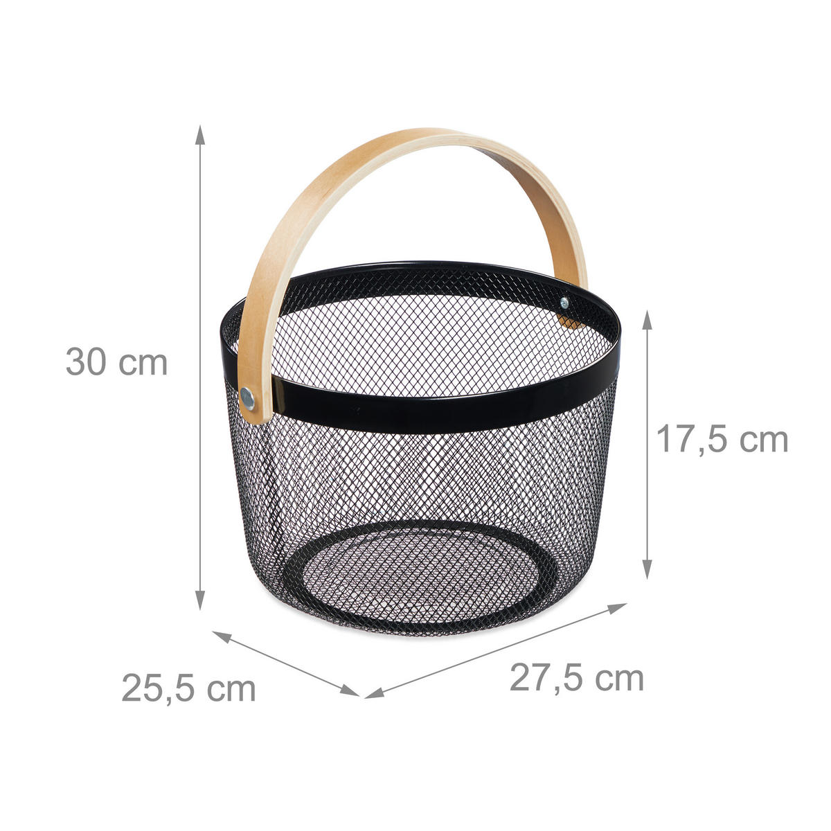 DRAHTKORB - Schwarz, Holz/Metall (27.5/30/25.5cm) - Relaxdays