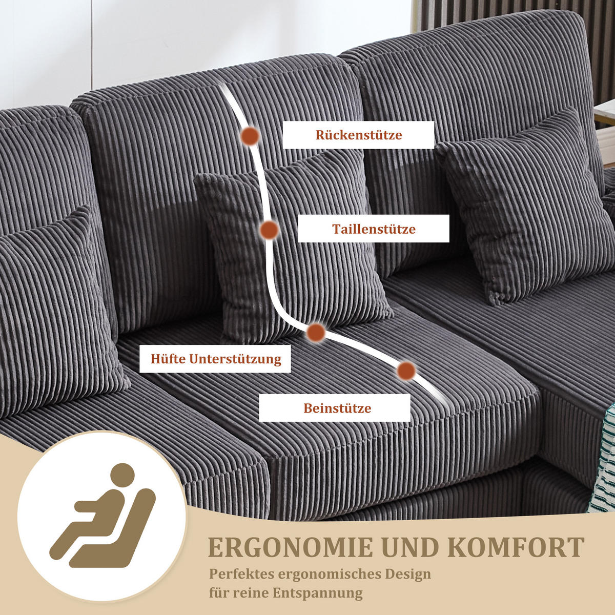 WOHNLANDSCHAFT 265/135/88 cm in Grau mit LED-Beleuchtung und USB-Anschluss - Grau, Textil (135/88/265cm) - Flora Grace