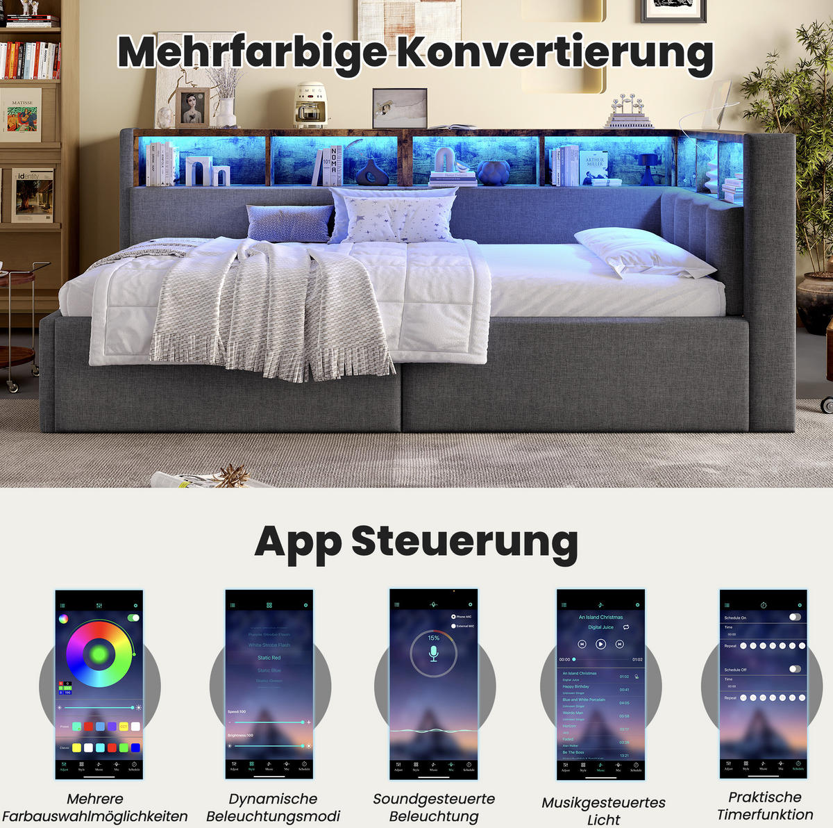POLSTERBETT 90/200 cm Grau aus Leinen mit Stauraum - Grau, Textil (90/200cm) - OKMYHOME