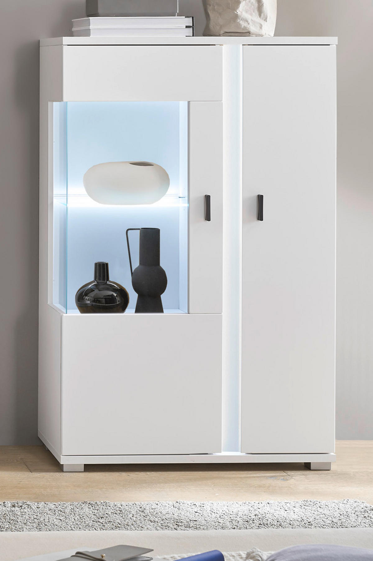 VITRINE weiß matt, Highboard inklusive Frontbeleuchtung 80 x 125 cm - Silberfarben/Schwarz, Glas/Holzwerkstoff (80/125/35cm) - Furn.Design