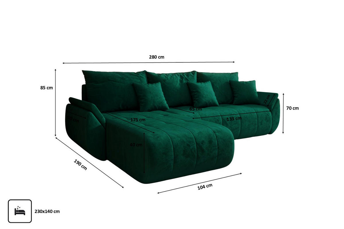 ECKSOFA Mit Schlaffunktion Und Bettkasten TOKYO, Stoff MONOLITH, Grün, Links - Grün, Holz (280/190cm) - Kaiser Möbel