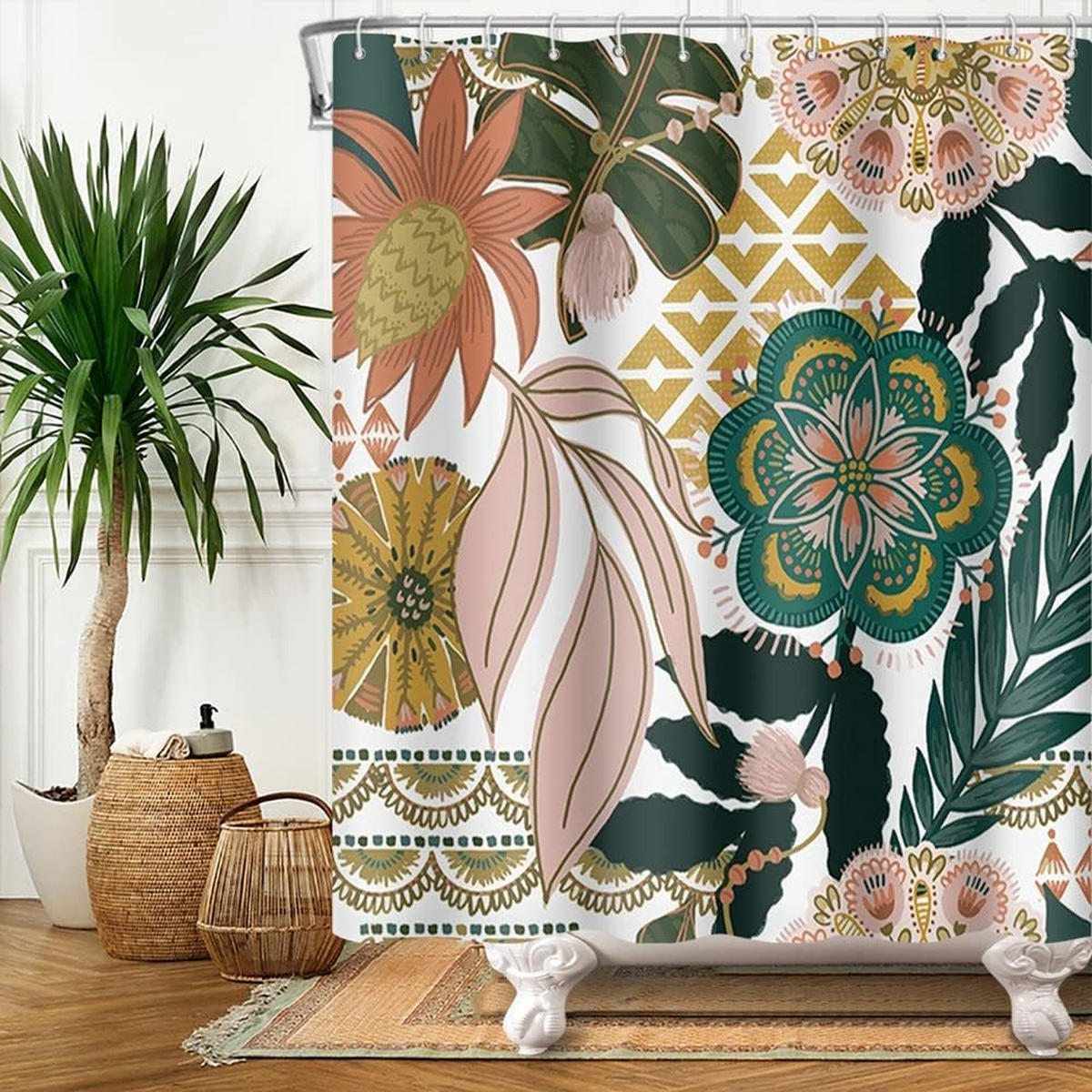 DUSCHVORHANG Rosa Boho Blumen Blatt Grün Badewanne schimmelresistent wasserdicht Stoff waschbar Badezimmer - Multicolor, Textil (180/180cm) - MCBOSON