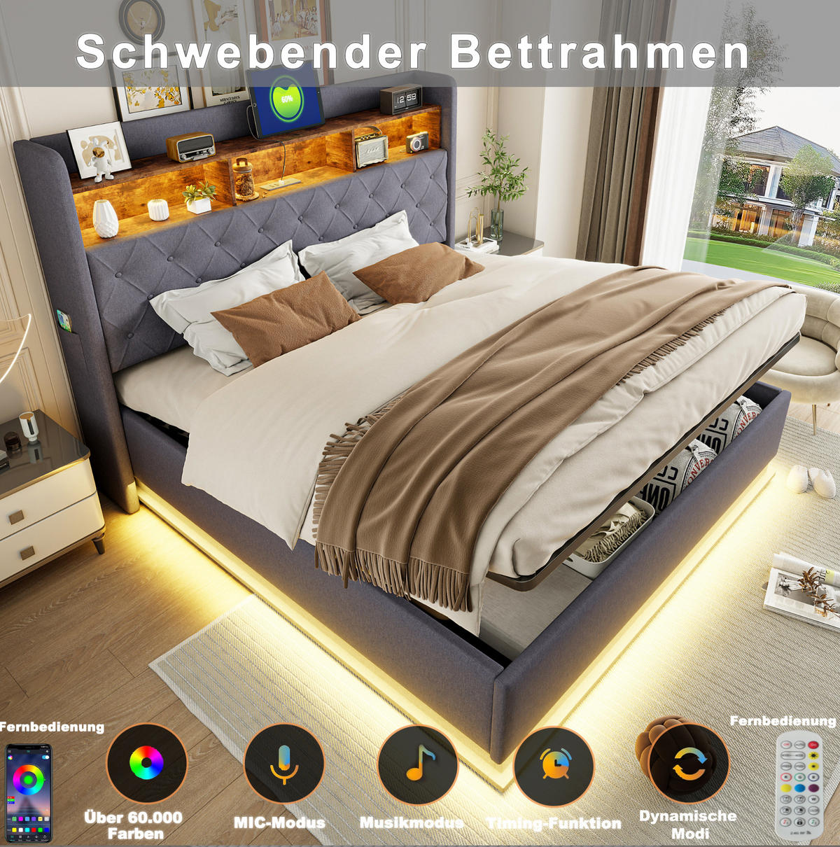 POLSTERBETT aus Stoff 180x200 cm Grau mit LED-Beleuchtung, USB-Anschluss und hydraulischem Stauraum - Grau, Textil (180/200cm) - Modfu