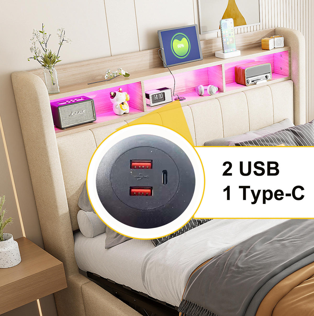 ČALÚNENÁ posteľ z ľanovej látky 140x200 cm béžová s LED osvetlením, USB-C a hydraulickým úložným priestorom - béžová, textil (140/200cm) - Modfu