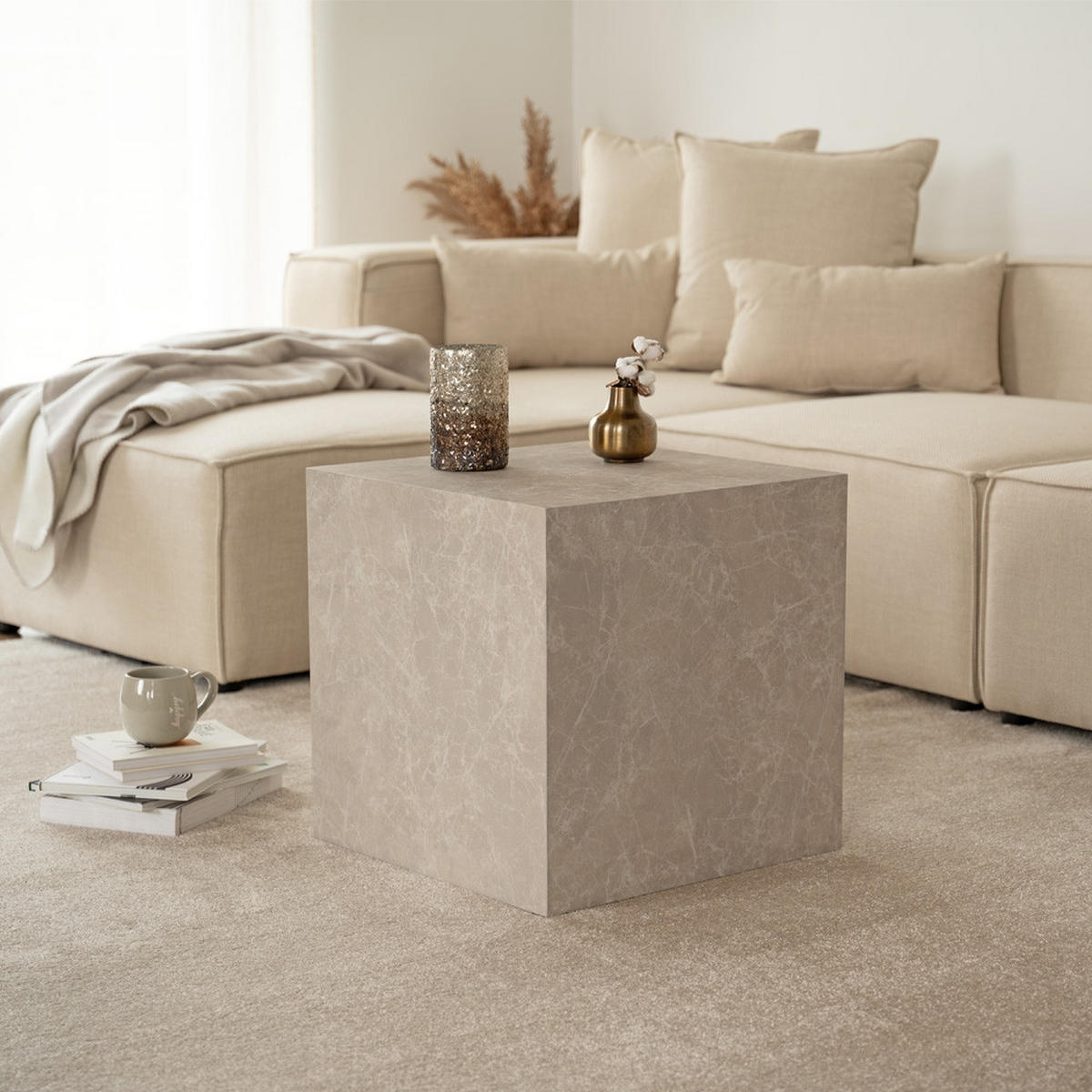 COUCHTISCH AMIRI M - Farbe: Beige, Größe: 50 x 50 x 50 cm - Beige, Holzwerkstoff/Textil (50/50/50cm) - Home Deluxe