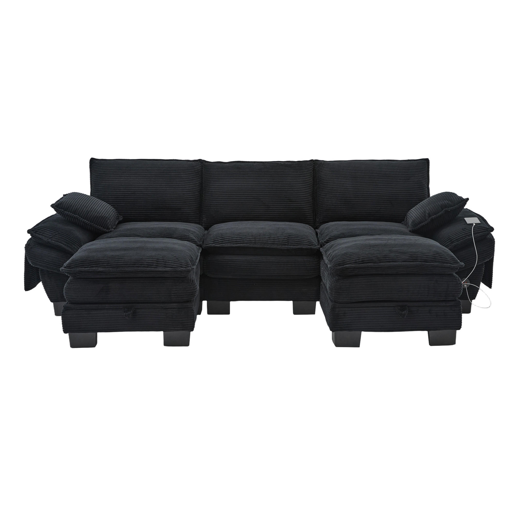 WOHNLANDSCHAFT Cord Schwarz mit USB-C, Seitentaschen und mit 2 Hocker - Schwarz, Holzwerkstoff/Kunststoff (260/84/132cm) - WISHDOR