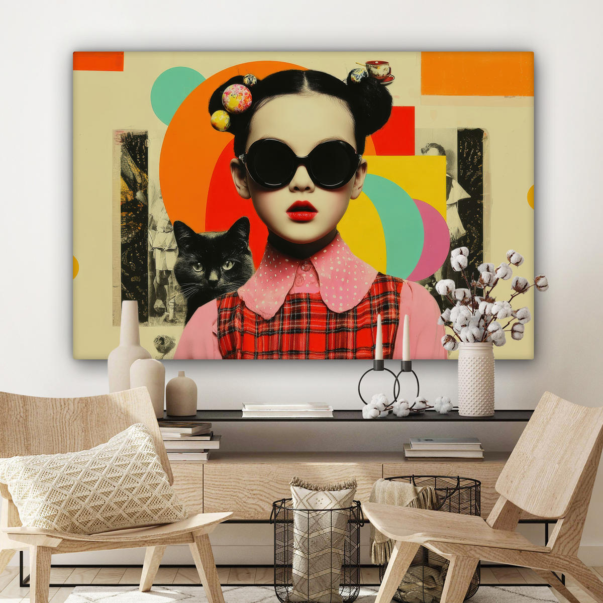 LEINWANDBILD Mädchen - Sonnenbrille - Katze - Retro Wohnzimmer Groß 120x80 cm - Beige, Textil (120/80cm) - MuchoWow