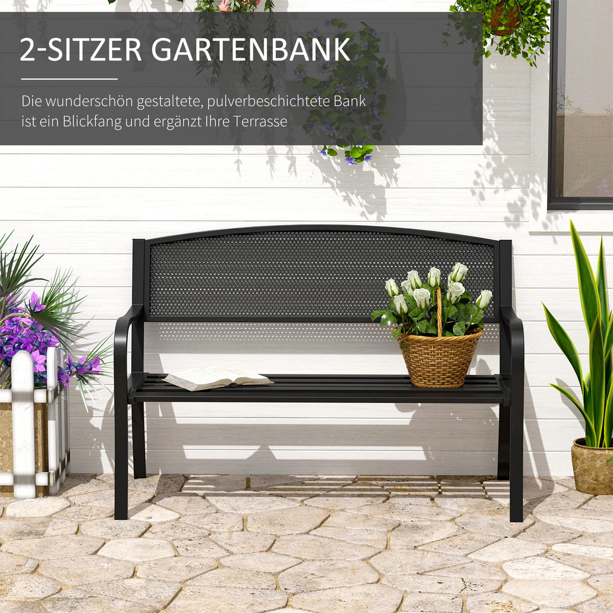 GARTENBANK, 2-Sitzer, B127 x T60 x H87cm, Stahl, Schwarz - Schwarz, Metall (127/87/60cm) - Outsunny