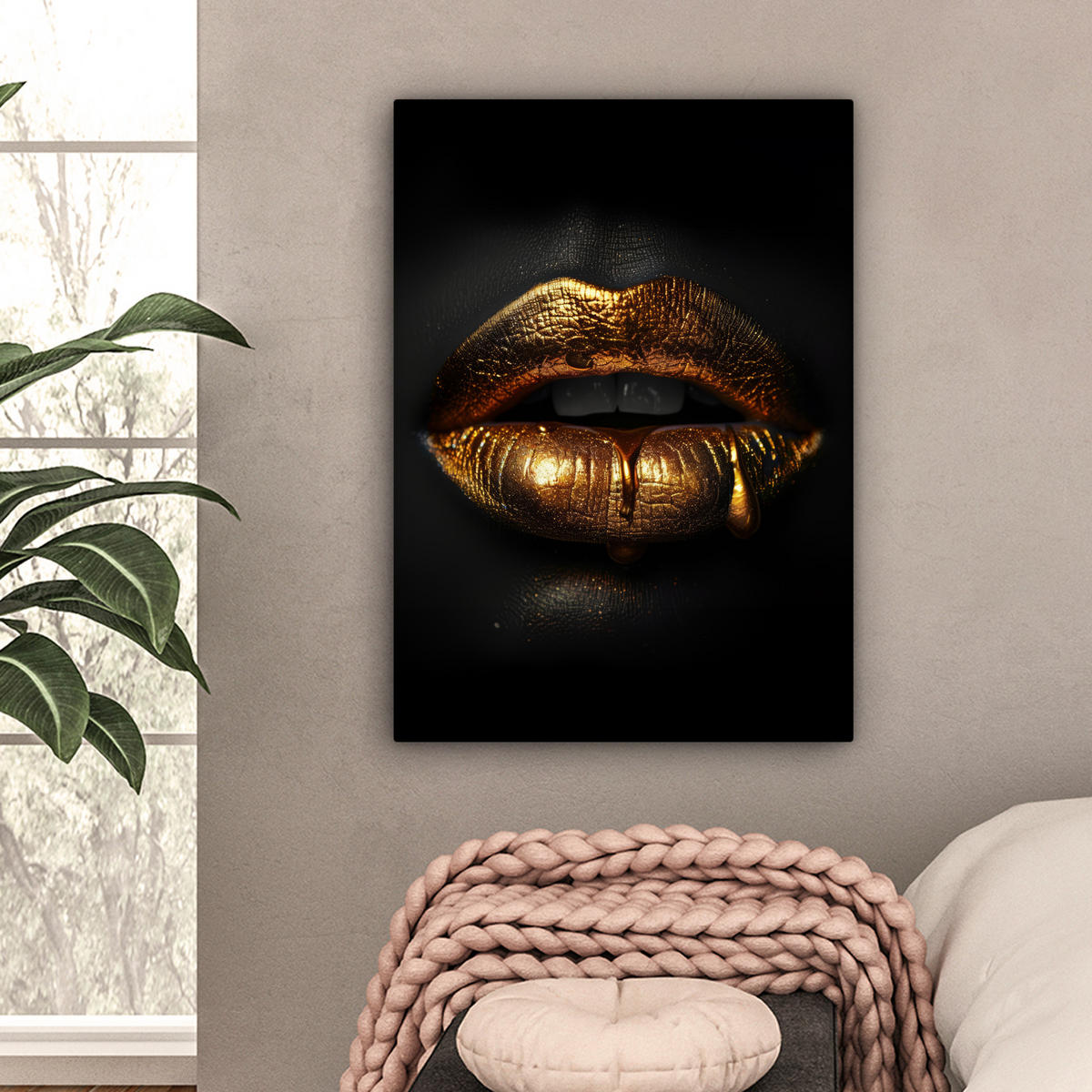 LEINWANDBILD Frau - Porträt - Lippen - Gold - Schwarz 60x80 cm - Schwarz, Textil (60/80cm) - MuchoWow