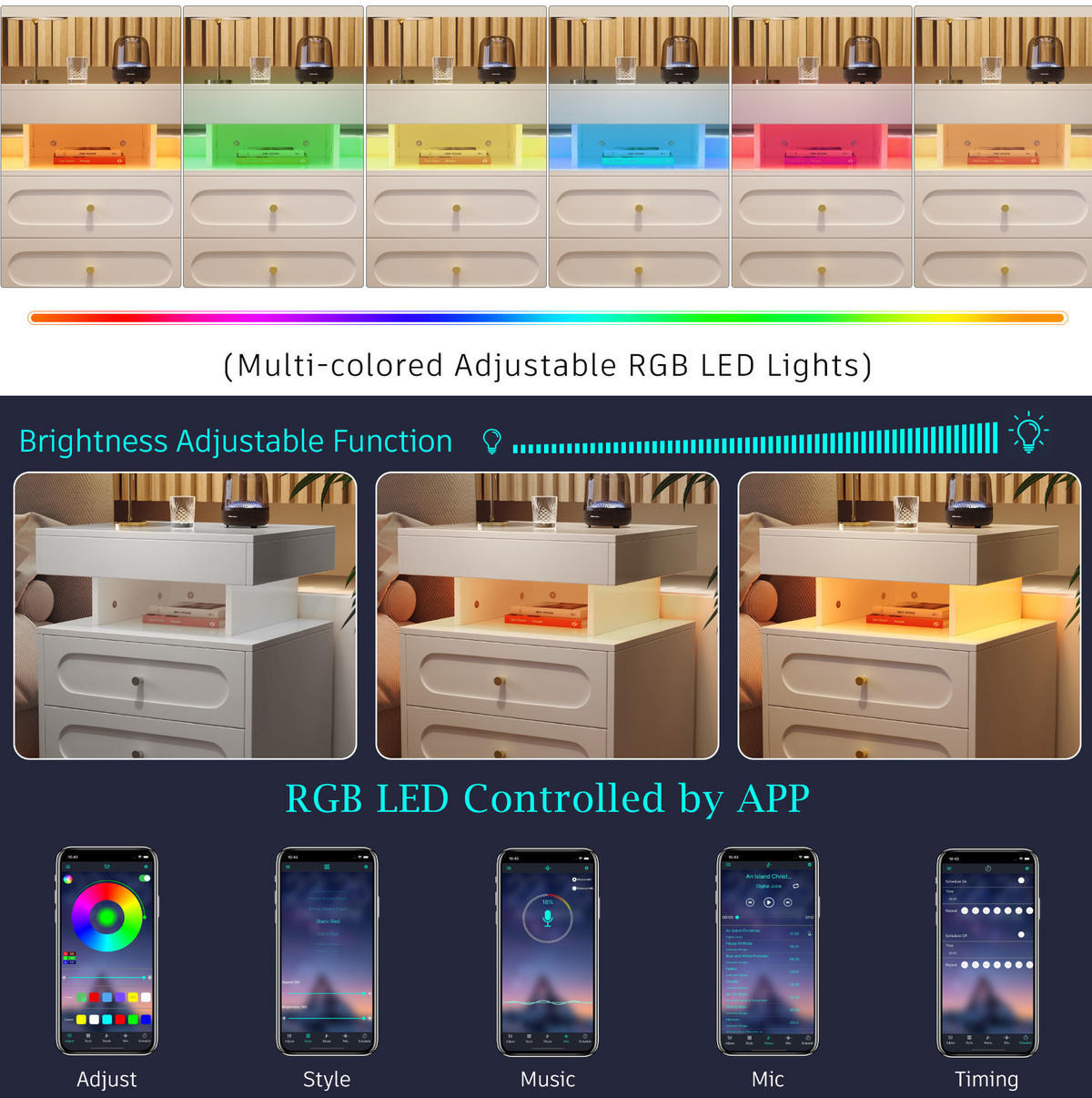 NACHTTISCH 100/40/60 cm in Weiß mit LED-Beleuchtung und 2 Schubladen - Weiß, Holzwerkstoff (100/60/40cm) - Flora Grace