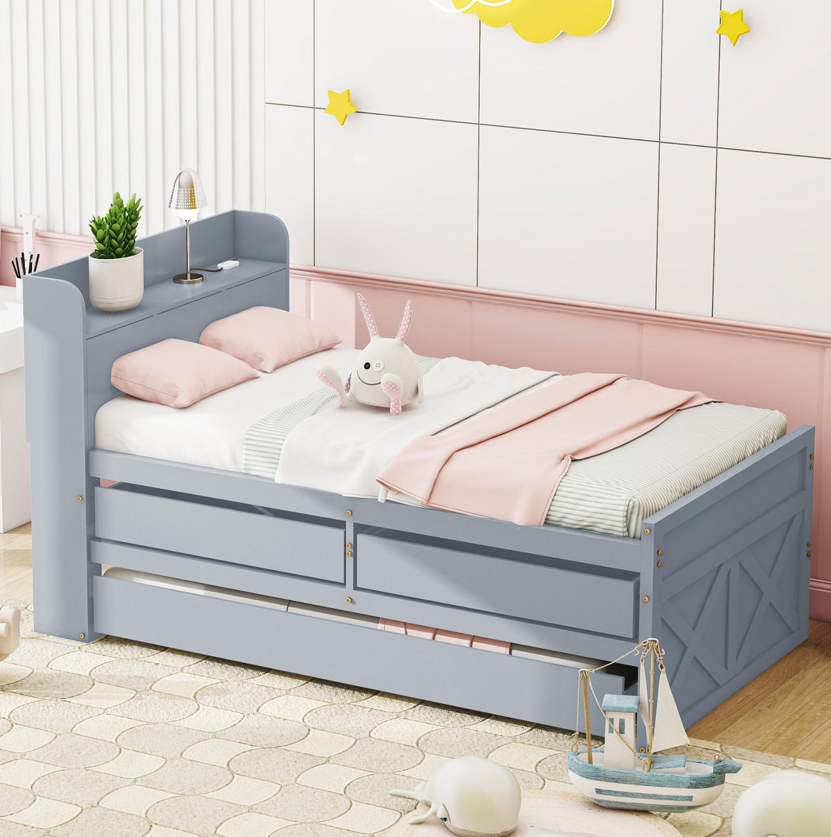 HOLZBETT 90/190 cm in Grau – mit USB, Ausziehbett, 2 Schubladen & Lattenrost - Grau, Holz (90/200cm) - BEAOK