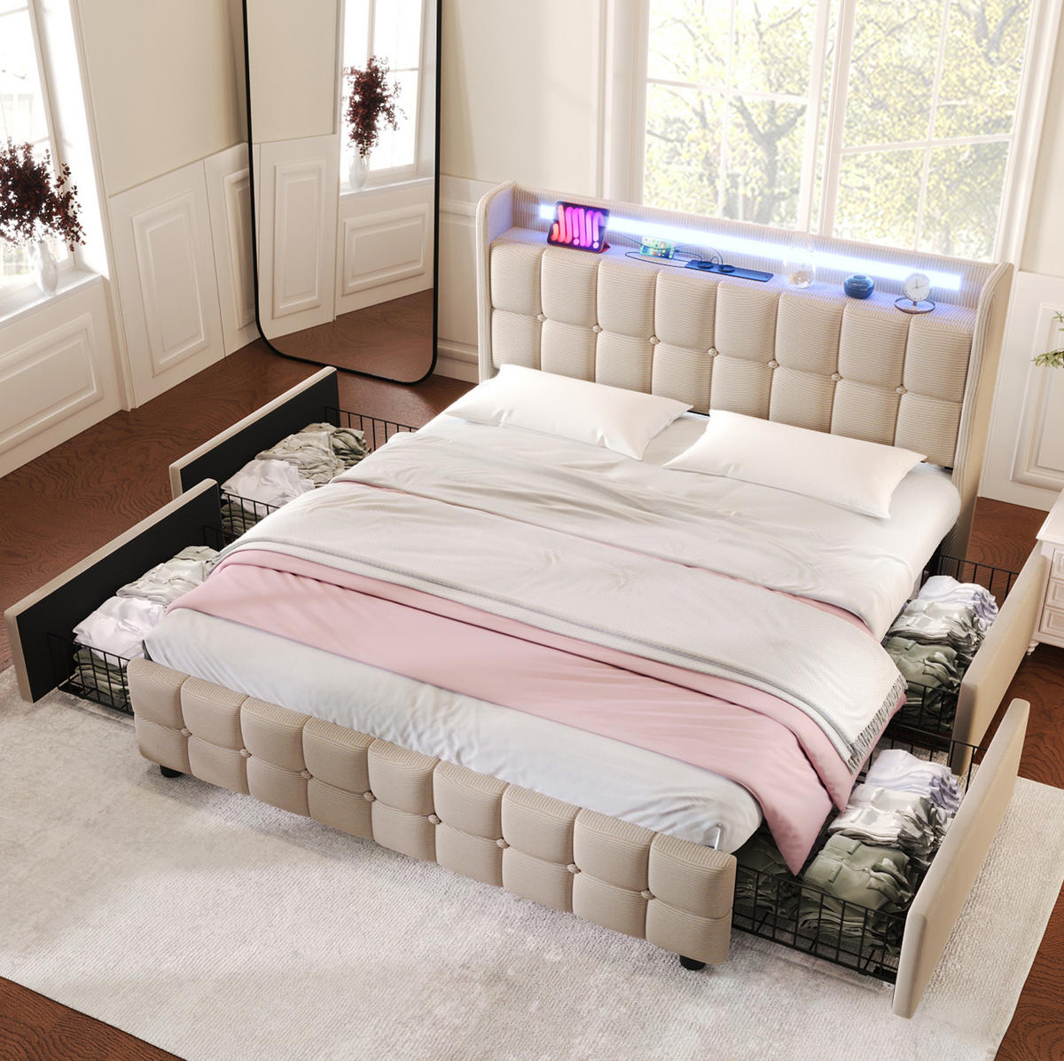 POLSTERBETT 140/200 cm mit LED-Beleuchtung, USB-Anschlüssen, Steckdosen und 4 Schubladen, Beige - Beige, Holz (140/140cm) - Redom