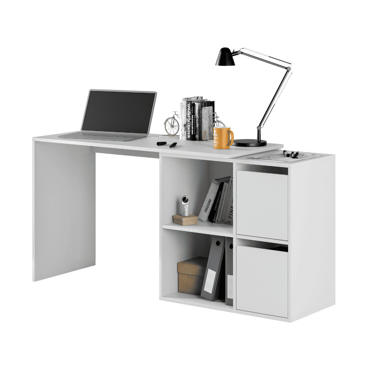ECKSCHREIBTISCH Umkehrbarer, 4 Fächer und 2 Türen, Weiß 120/74/77 cm - Weiß, Holzwerkstoff (51/120/74cm) - Calicosy