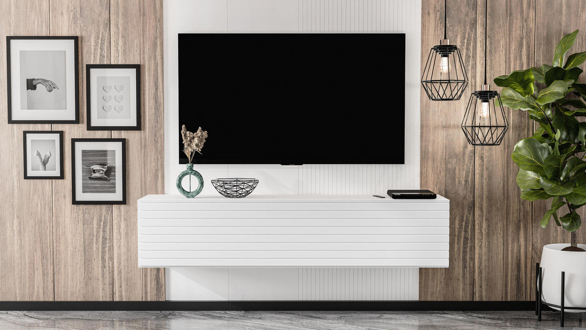 LOWBOARD ZIVOLLI 160 Weiß, Weiße Lamellen 160/34/40 cm – TV-Hängeschrank mit Lamellenfront - Weiß, Holzwerkstoff/Kunststoff (160/34/40cm) - AX Living