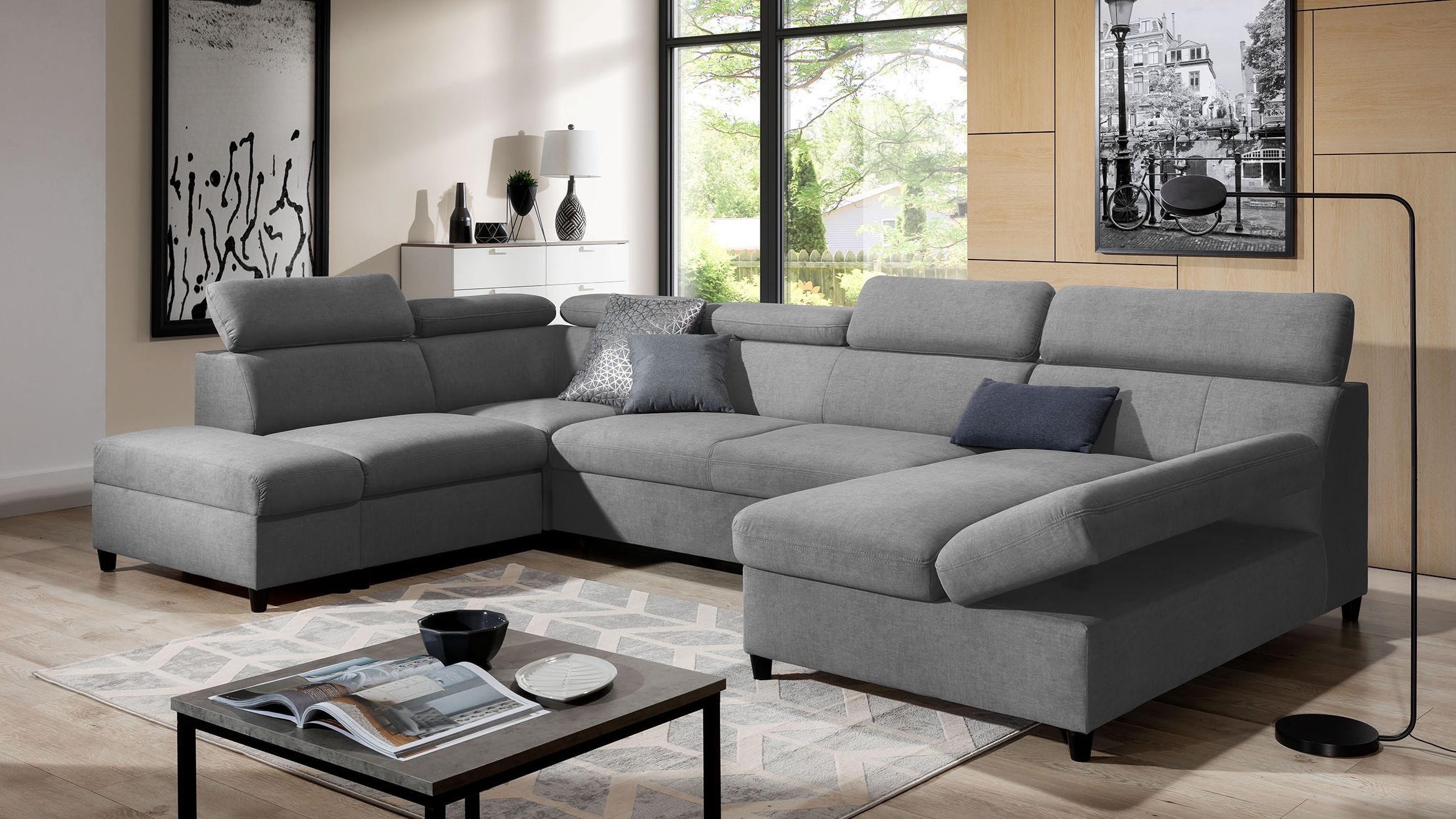 WOHNLANDSCHAFT Olettio Grau 342/205/96 cm – großes Sofa mit Schlaffunktion L - Schwarz/Grau, Holz/Textil (205/96/342cm) - AX Living