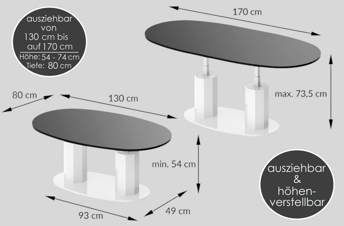 COUCHTISCH Grau Weiß Hochglanz oval ausziehbar höhenverstellbar - Weiß Hochglanz/Grau, Holzwerkstoff (80/130/54cm) - designimpex