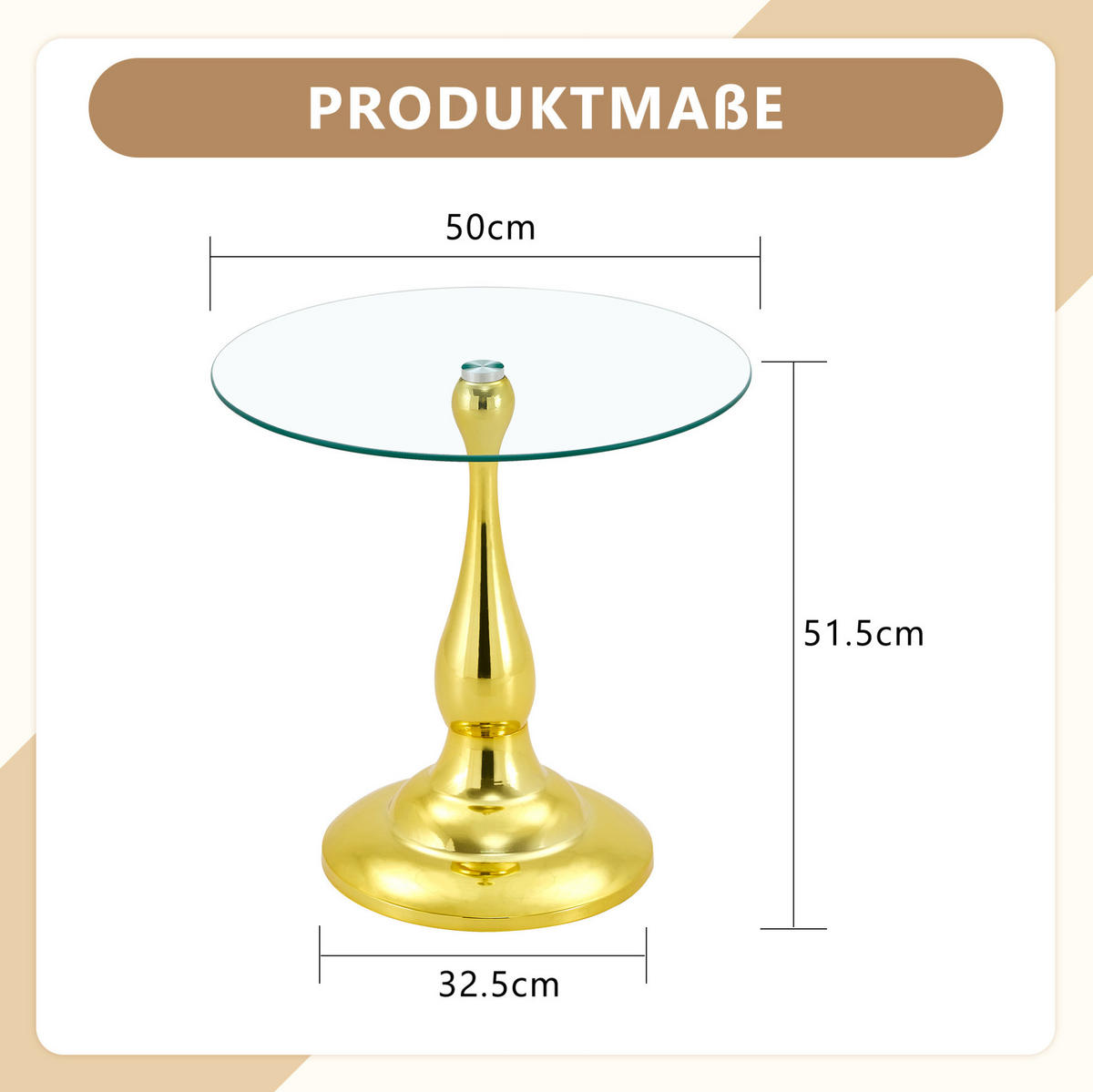 BEISTELLTISCH aus Glas und Metall 50x50x51 cm Gold mit gehärteter Glasplatte - Goldfarben, Glas (50/50/51.5cm) - IVMEU